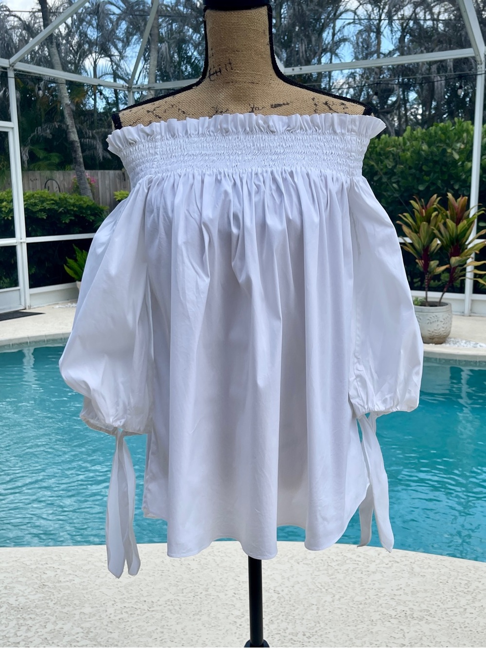 Caroline Constas White Off-Shoulder Smocked Peasant Blouse
